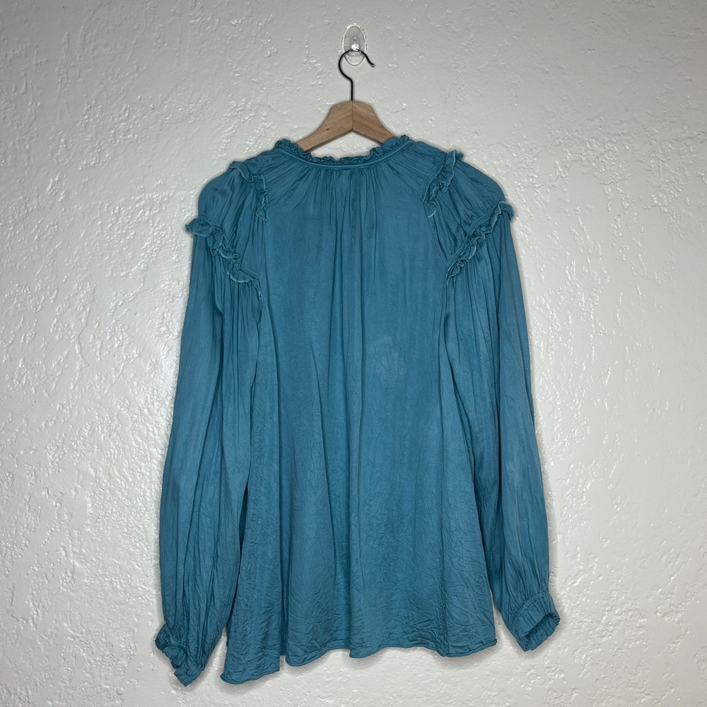 Sundance Teal Blue‎ Pleated Peasant Blouse Long Sleeve Ruffle Split Neck Top M